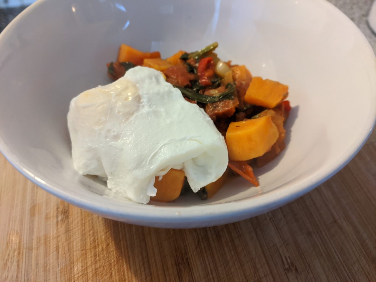 Chorizo, poached egg and sweet potato breakfast bowl